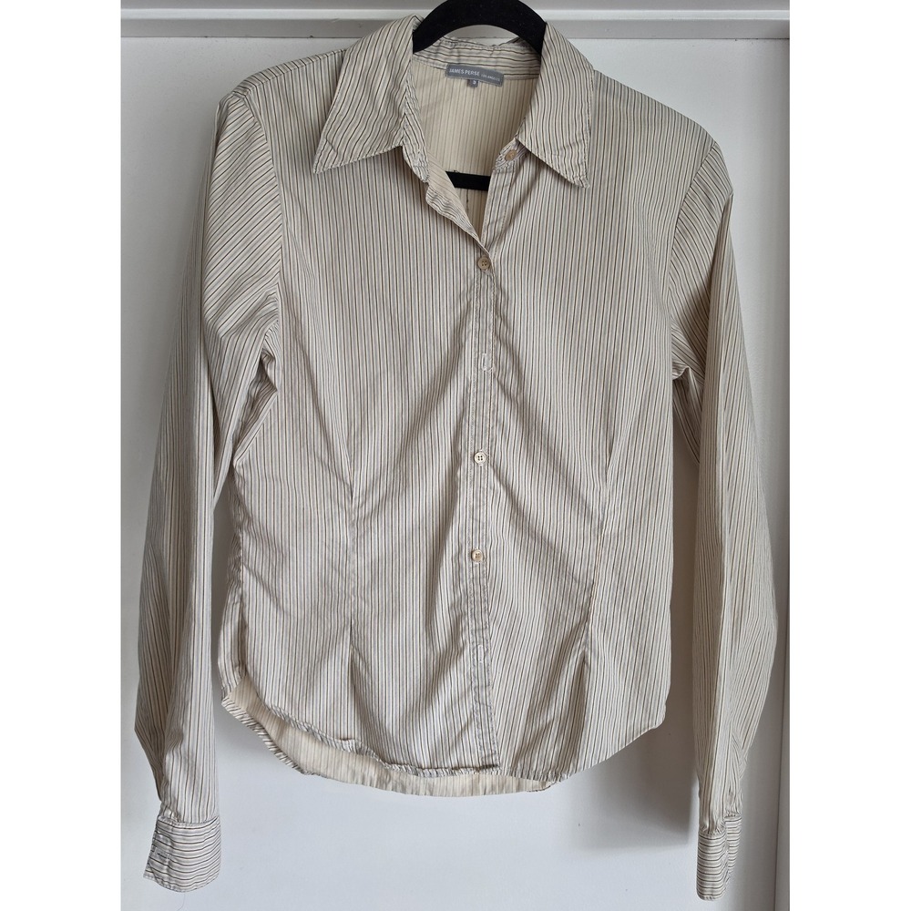 James Perse Button-Up Shirt Size 3 Striped Cotton Beige Navy Collared Top
